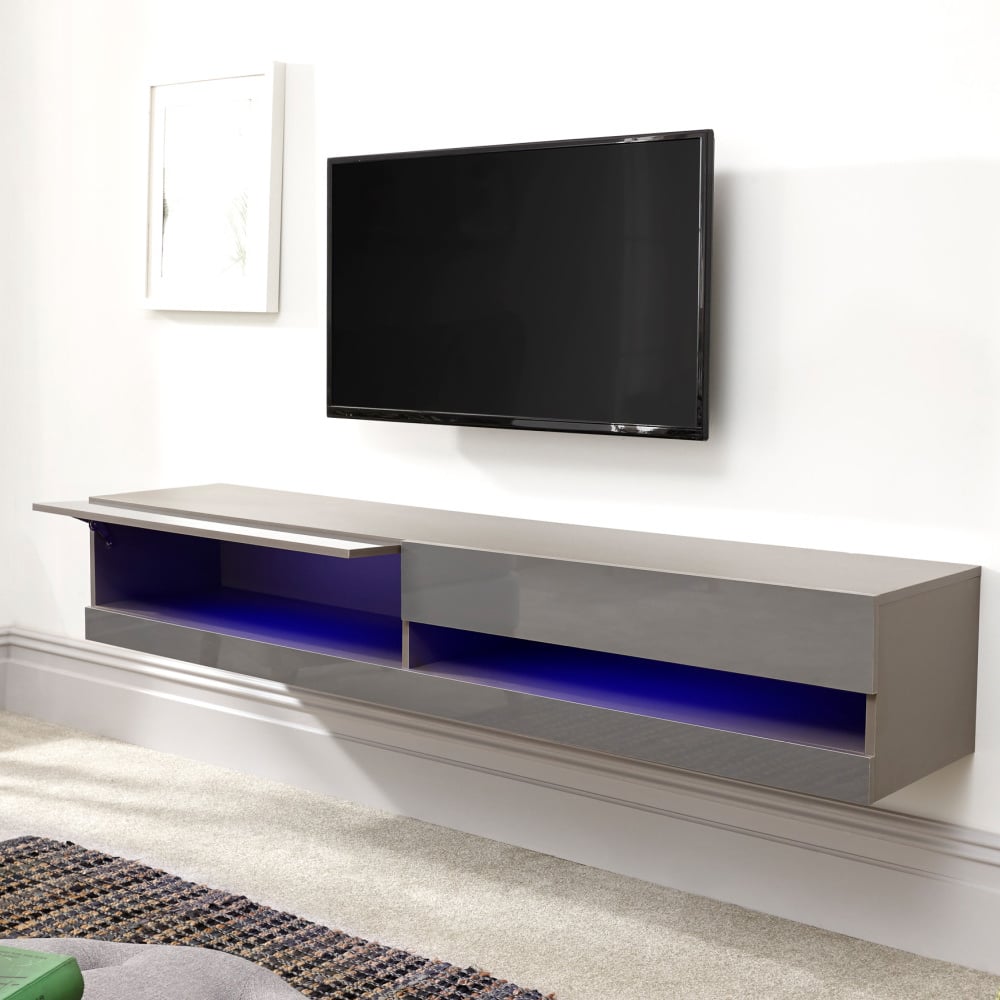 Goole Large Wall Hung High Gloss TV Stand In Grey With LED