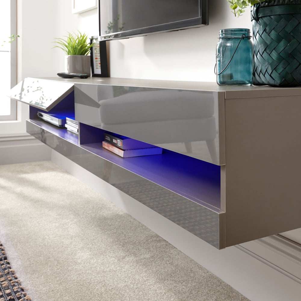 Goole Large Wall Hung High Gloss TV Stand In Grey With LED