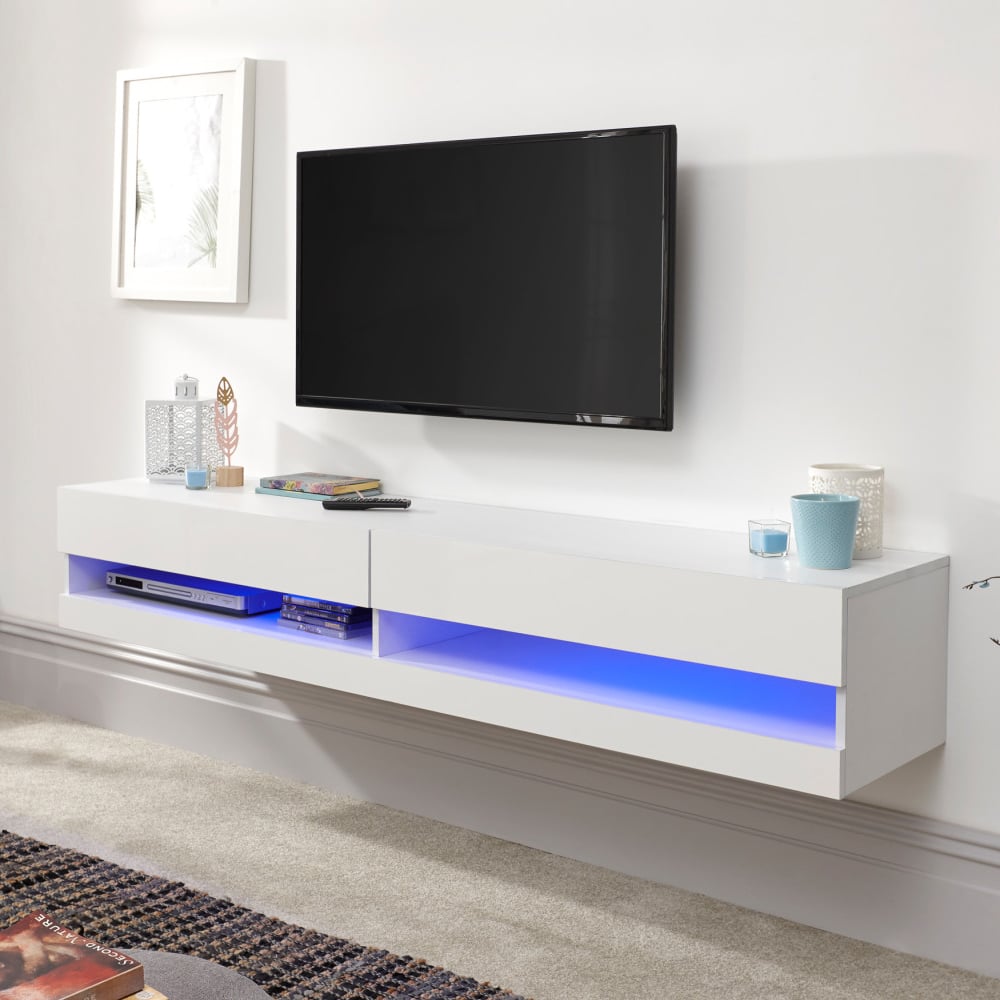 Goole Large Wall Hung High Gloss TV Stand In White With LED