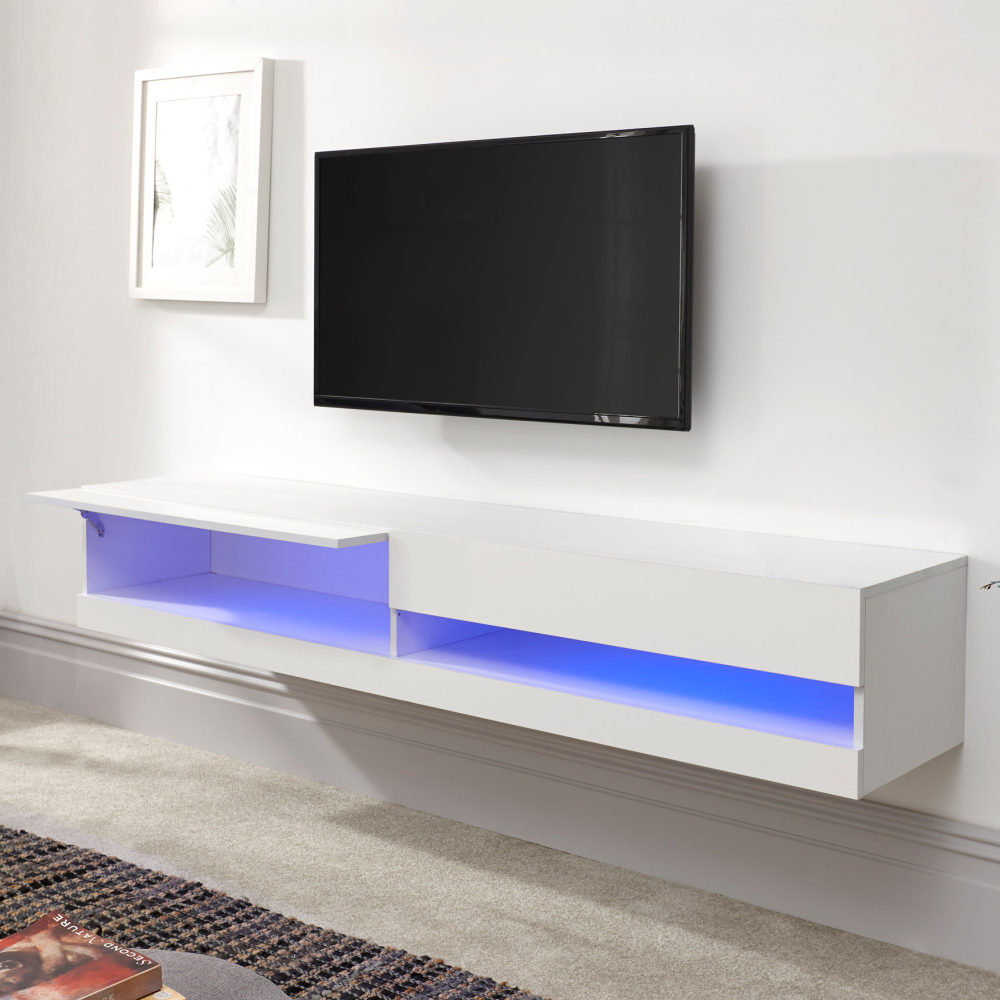 Goole Large Wall Hung High Gloss TV Stand In White With LED