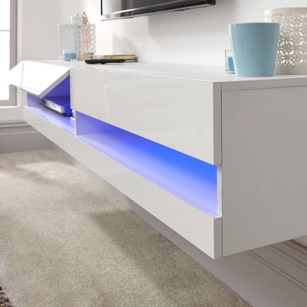Goole Large Wall Hung High Gloss TV Stand In White With LED