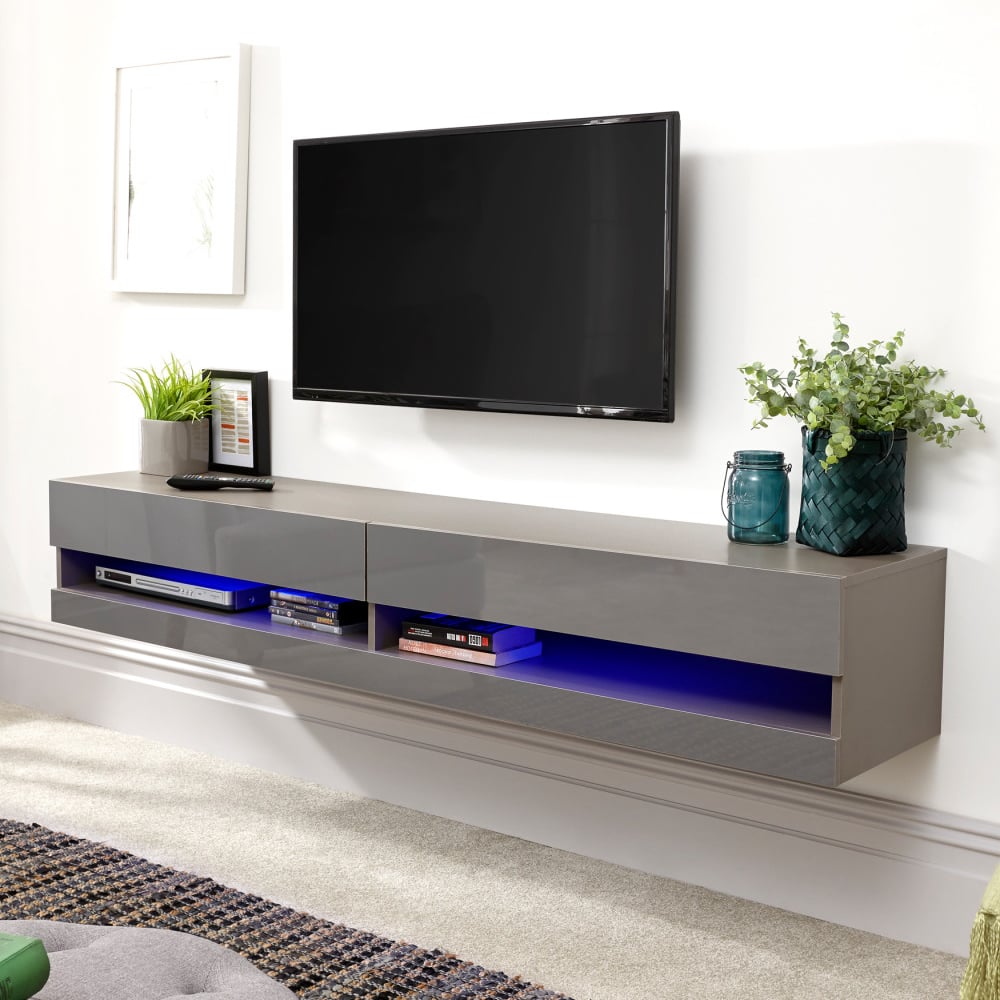 Goole Medium Wall Hung High Gloss TV Stand In Grey With LED