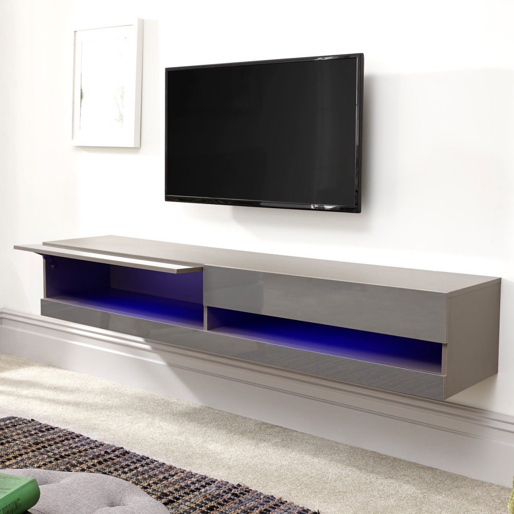 Goole Medium Wall Hung High Gloss TV Stand In Grey With LED