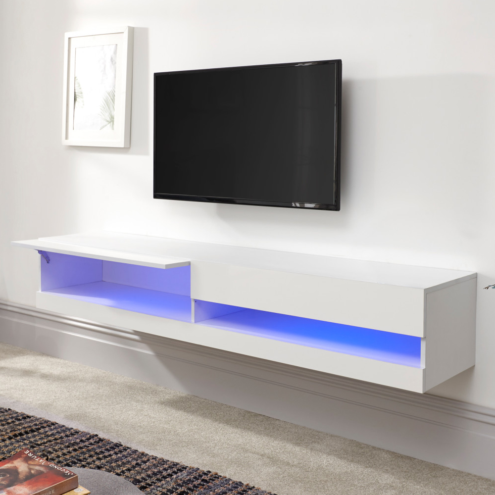 Goole Medium Wall Hung High Gloss TV Stand In White With LED