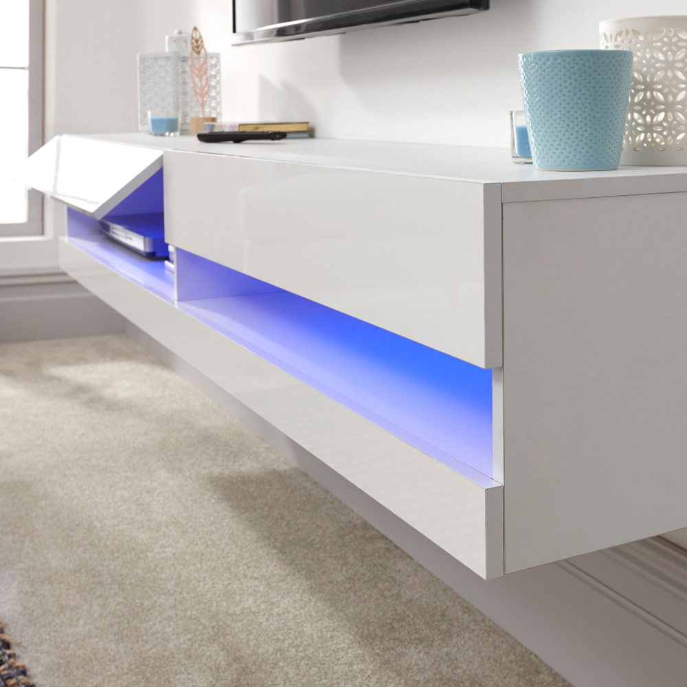 Goole Medium Wall Hung High Gloss TV Stand In White With LED