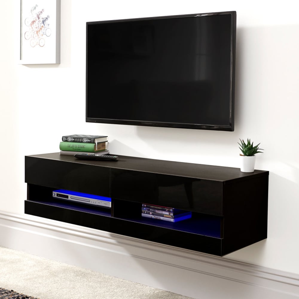 Goole Small Wall Hung High Gloss TV Stand In Black With LED