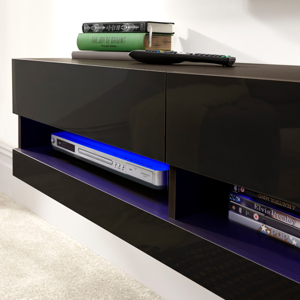 Goole Small Wall Hung High Gloss TV Stand In Black With LED