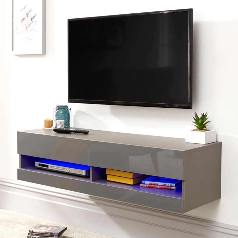 Goole Small Wall Hung High Gloss TV Stand In Grey With LED
