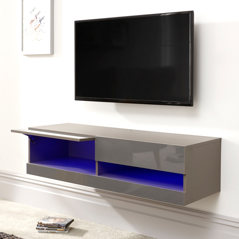 Goole Small Wall Mounted High Gloss TV Stand in Grey With LED