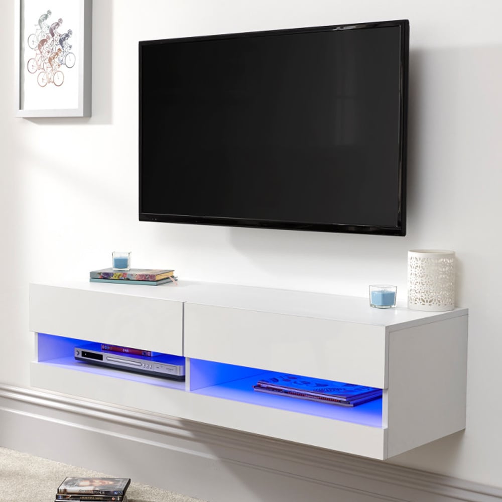 Goole Small Wall Hung High Gloss TV Stand In White With LED