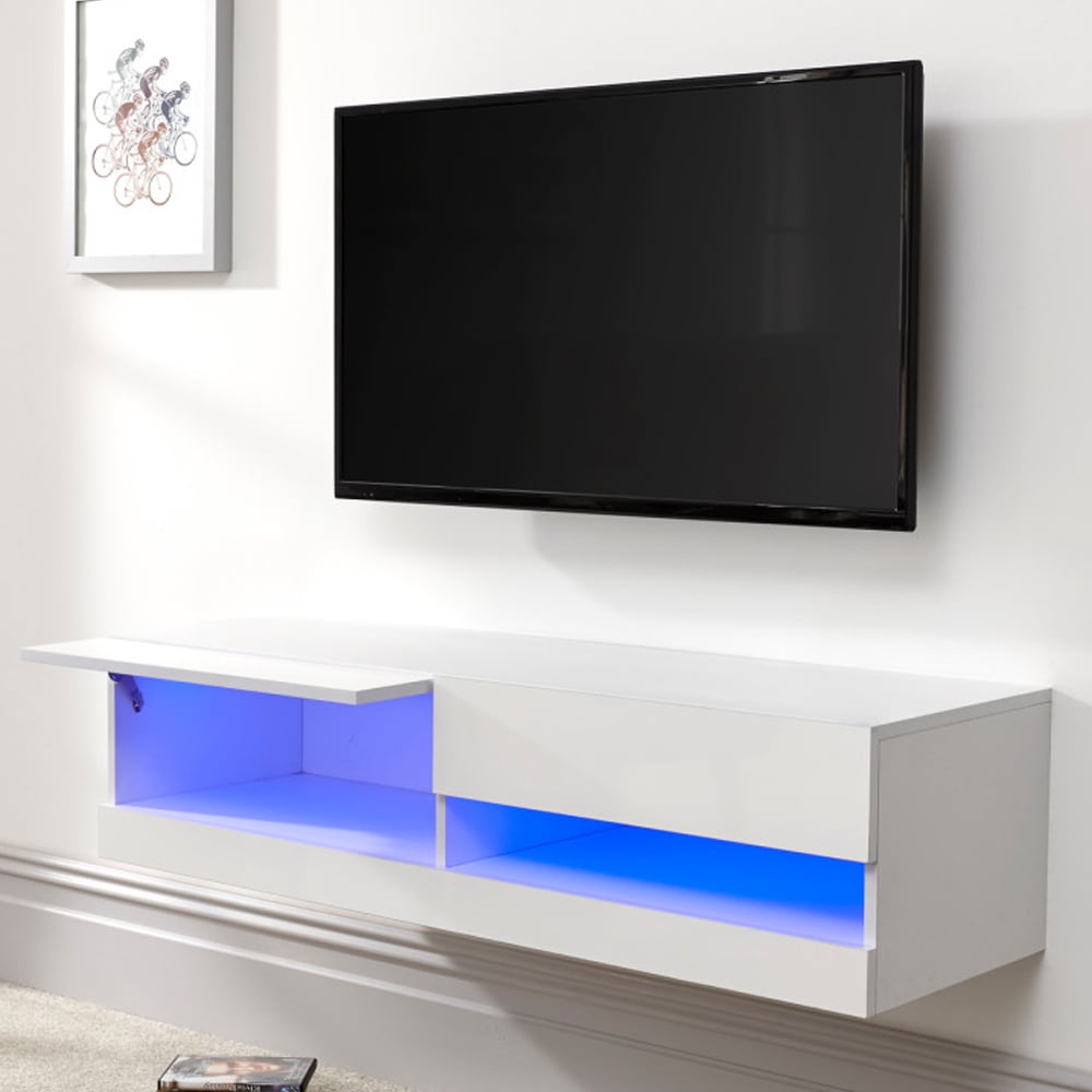 Goole Small Wall Hung High Gloss TV Stand In White With LED