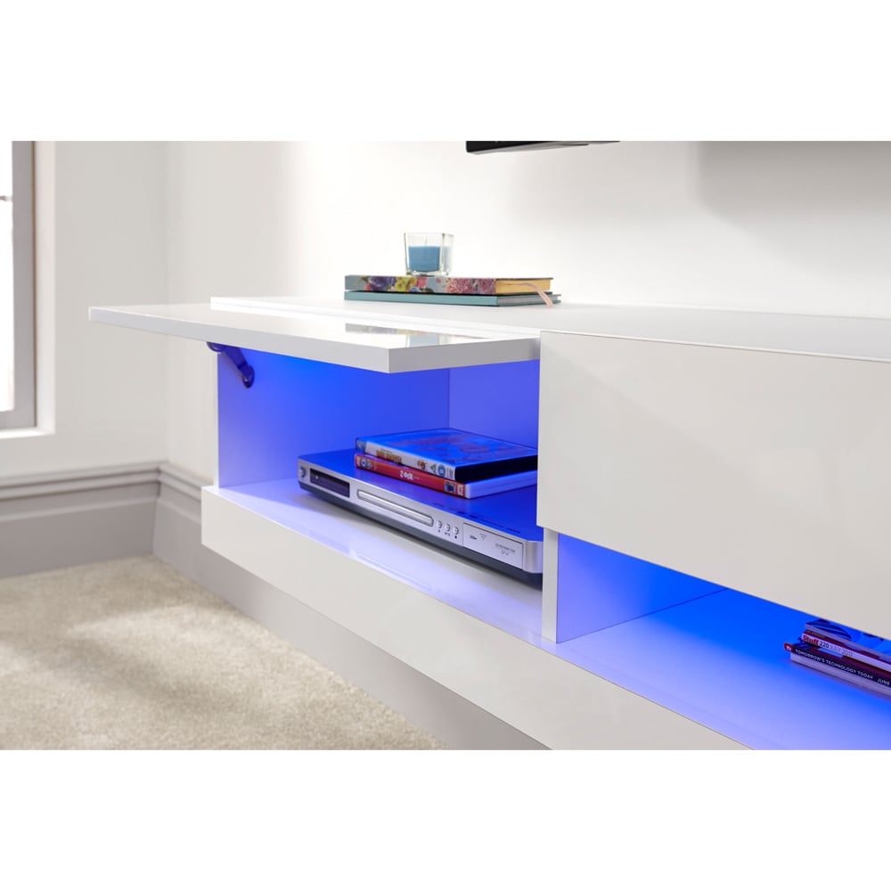 Goole Small Wall Hung High Gloss TV Stand In White With LED