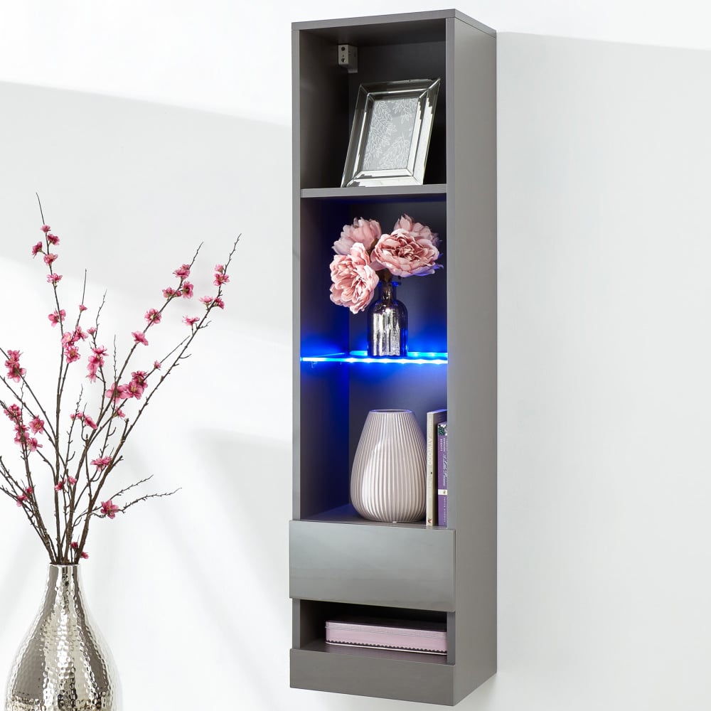 Goole Wall Hung High Gloss Shelving Unit In Grey With LED