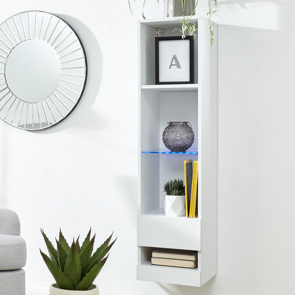 Goole Wall Hung High Gloss Shelving Unit In White With LED
