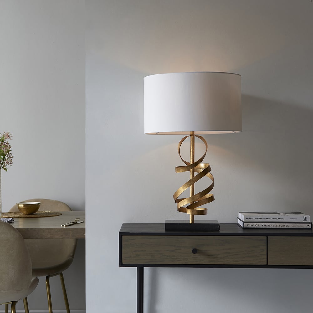 Read more about Goshen cotton shade table lamp with marble base in ivory gold