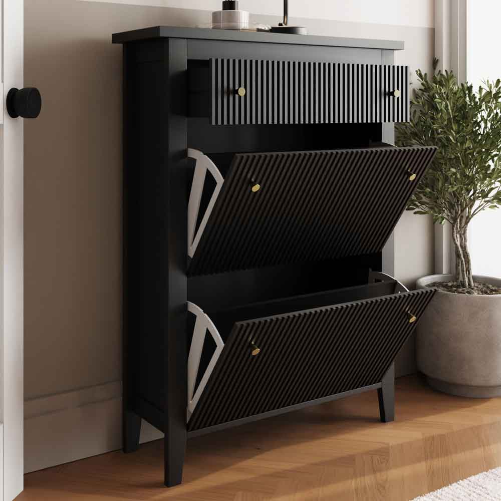 Goteborg Wooden Shoe Storage Cabinet with 2 Flap Doors and 1 Drawer in Black