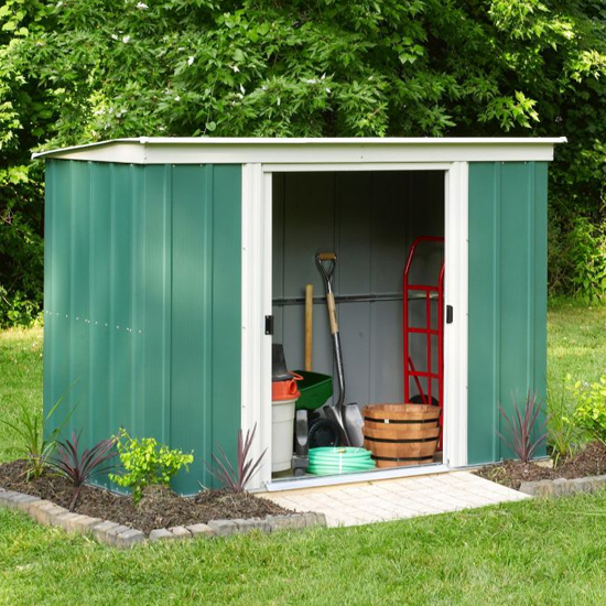 Product photograph of Gowerton Metal 10x8 Apex Shed With Floor In Green White from Furniture in Fashion