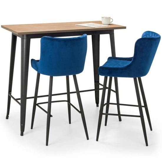 Grafton Bar Table In Mocha Elm With 2 Luxe Blue Bar Stool