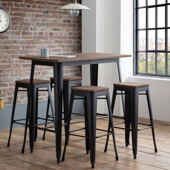 Gael Wooden Bar Table In Mocha Elm With 4 Backless Bar Stools