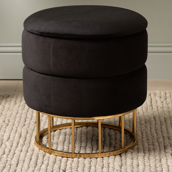 Product photograph of Grasse Round Velvet Storage Stool In Black With Gold Base from Furniture in Fashion