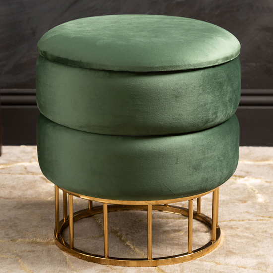 Grasse Round Velvet Storage Stool In Green With Gold Base thumbnail