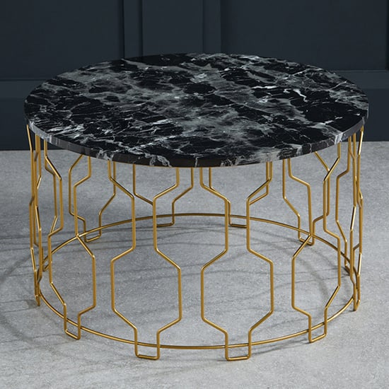 Photo of Greco round black marble effect coffee table with gold frame
