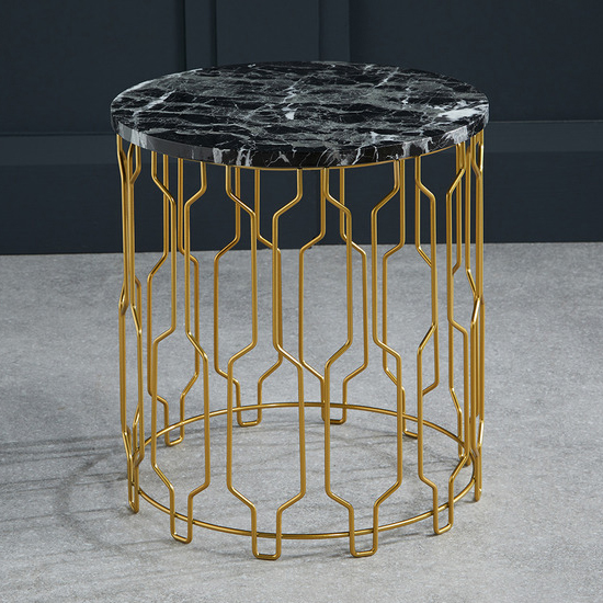 Greco Round Black Marble Effect End Table With Gold Frame