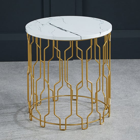 Photo of Greco round white marble effect end table with gold frame