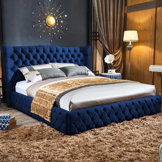 Greeley Plush Velvet Double Bed In Blue