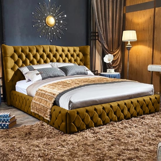Product photograph of Greeley Plush Velvet Double Bed In Mustard from Furniture in Fashion