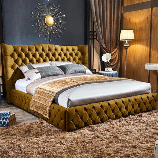 Greeley Plush Velvet Double Bed In Mustard