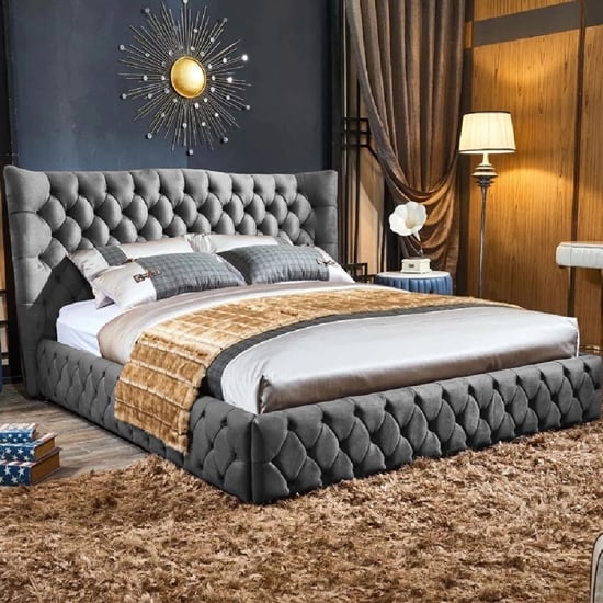 Greeley Plush Velvet King Size Bed In Grey