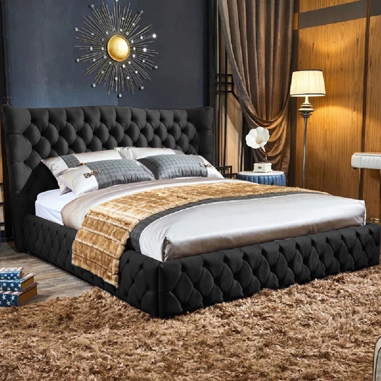Greeley Plush Velvet Small Double Bed In Black Furniture in Fashion
