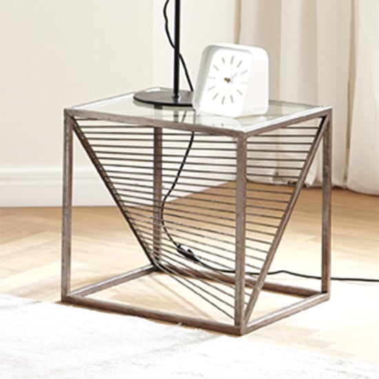 Photo of Greenbay square clear glass side table with bronze metal frame