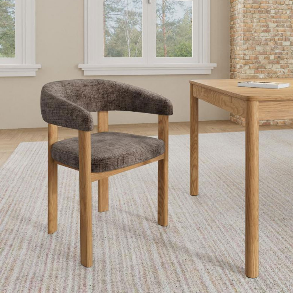 Gresley Dusty Brown Fabric Dining Chairs with Matt Oak Wooden Frame in Pair