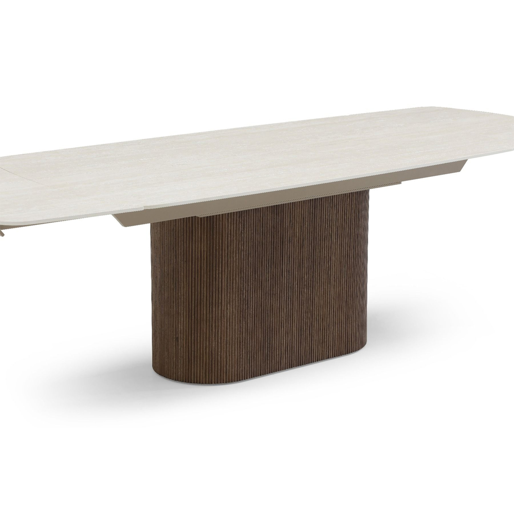 Grevina Italian White Travertine Marble Effect Ceramic Top Dining Table with Walnut Base