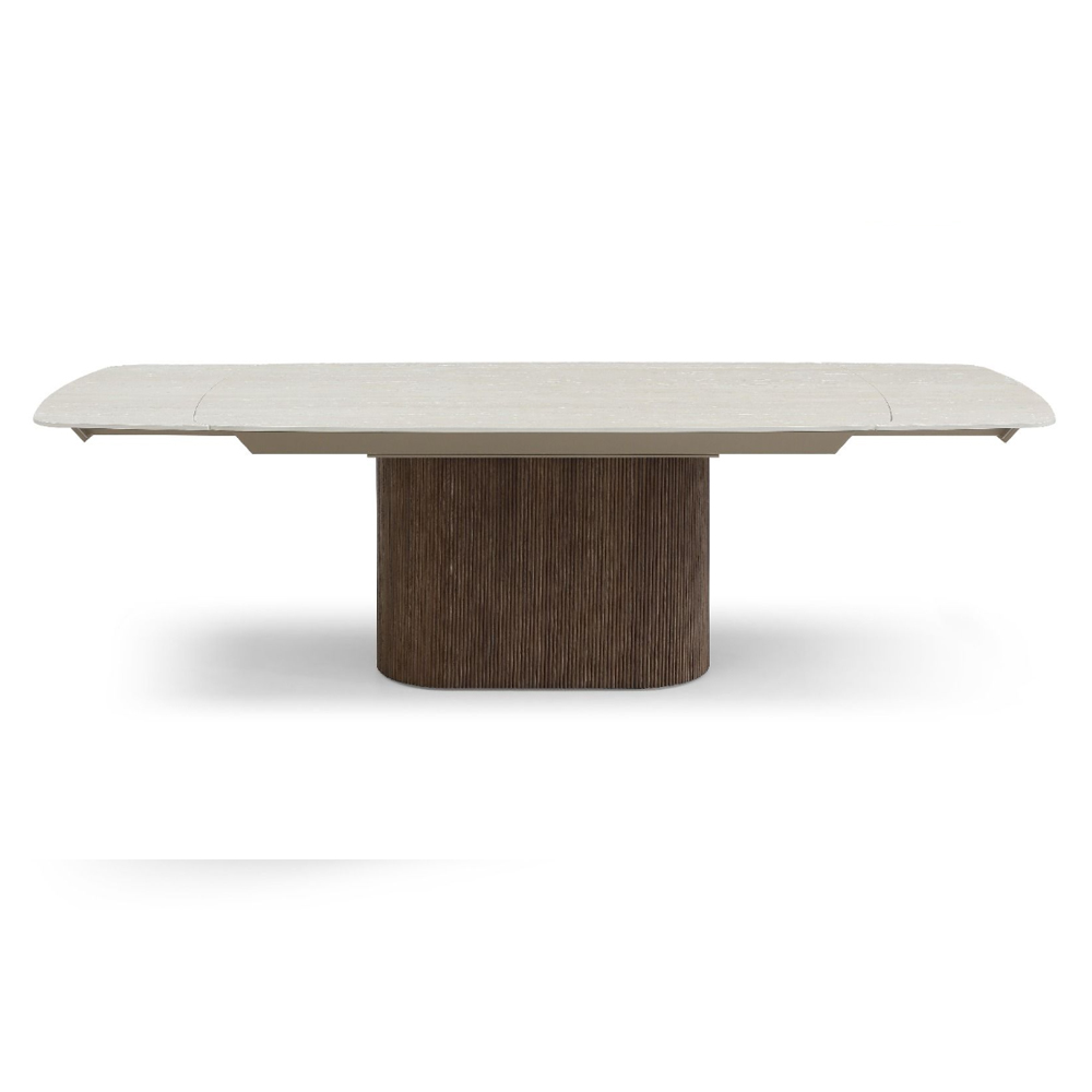 Grevina Italian White Travertine Marble Effect Ceramic Top Dining Table with Walnut Base