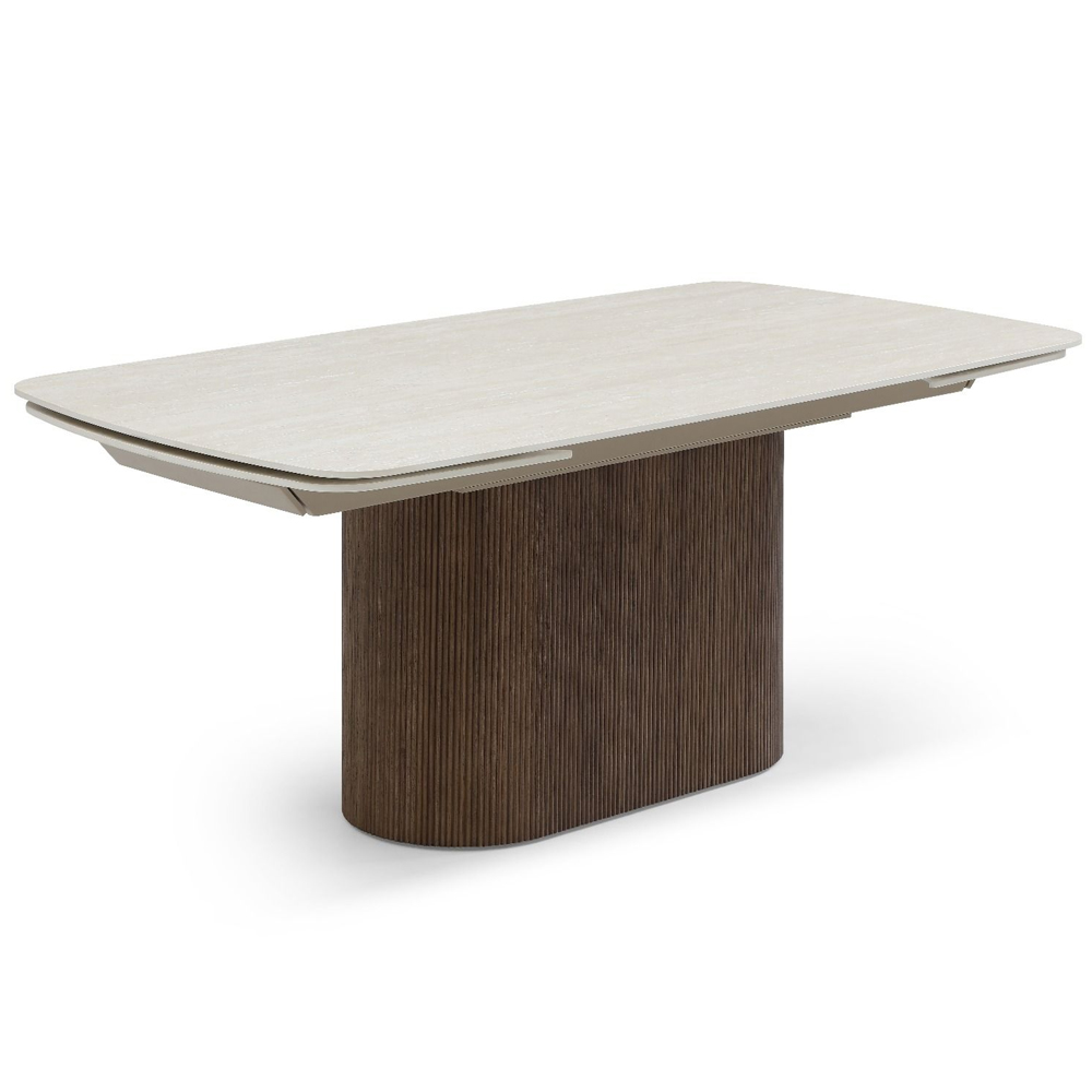 Grevina Italian White Travertine Marble Effect Ceramic Top Dining Table with Walnut Base