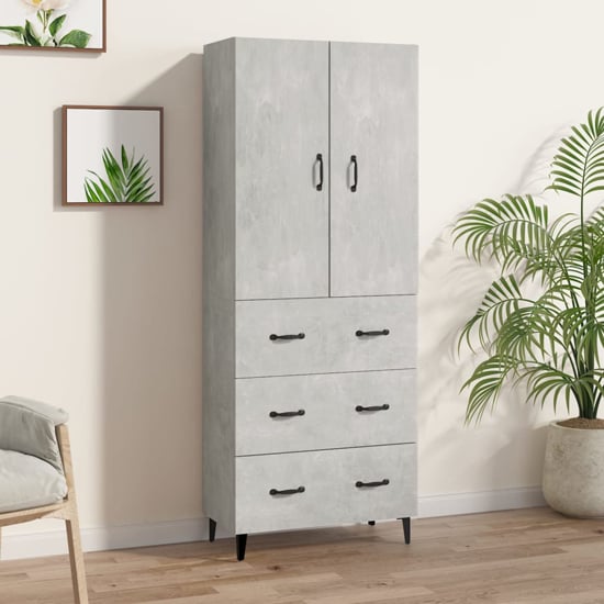 Grina Wooden Highboard With 2 Doors 3 Drawers In Concrete Effect