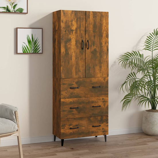 Grina Wooden Highboard With 2 Doors 3 Drawers In Smoked Oak