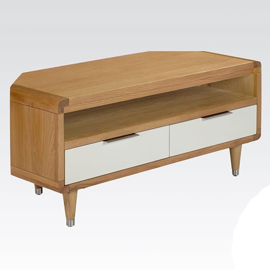 Product photograph of Grote Corner High Gloss Tv Stand 2 Drawers In White And Oak from Furniture in Fashion