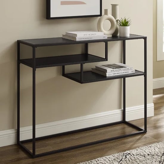 Product photograph of Groton Wooden Console Table With Shelves In Black from Furniture in Fashion