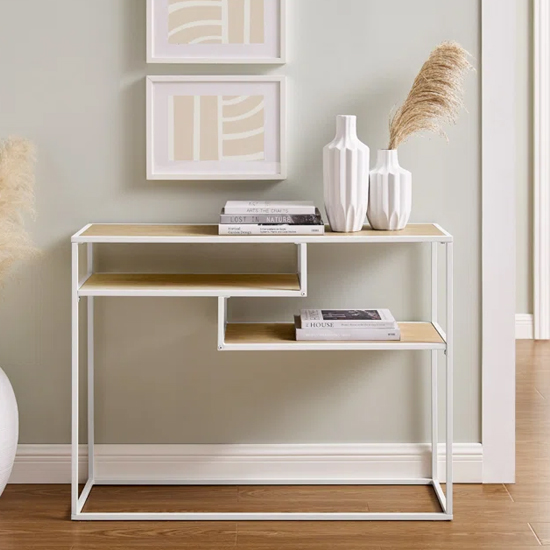 Groton Wooden Console Table With Shelves In Coastal Oak Furniture in