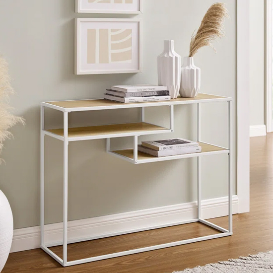 Product photograph of Groton Wooden Console Table With Shelves In Coastal Oak from Furniture in Fashion