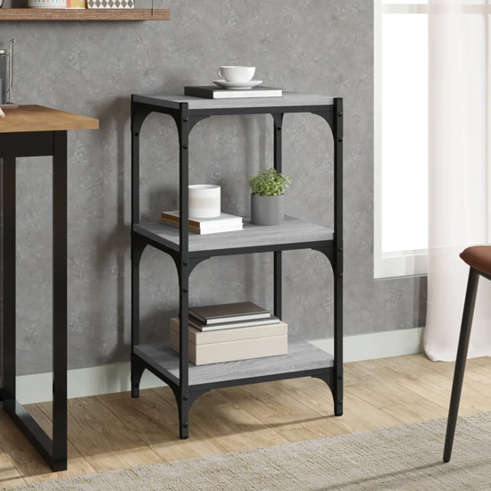 Photo of Grove wooden 3-tier bookshelf in grey sonoma oak with steel frame