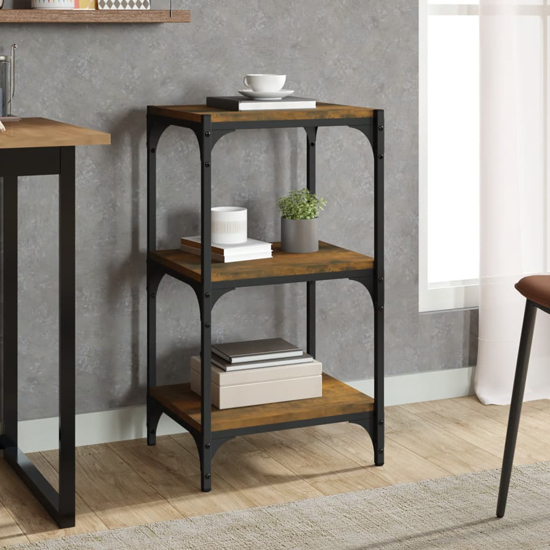 Product photograph of Grove Wooden 3-tier Bookshelf In Smoked Oak With Steel Frame from Furniture in Fashion