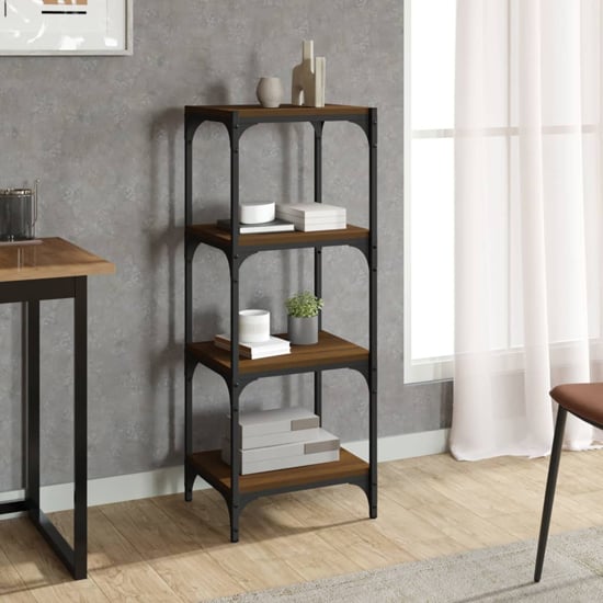 Read more about Grove wooden 4-tier bookshelf in brown oak with steel frame
