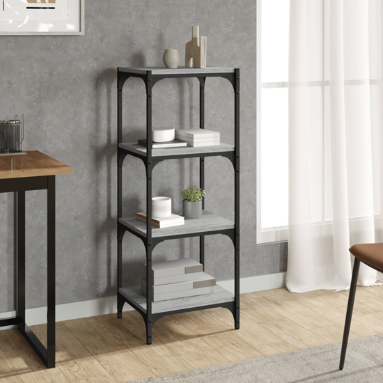 Photo of Grove wooden 4-tier bookshelf in grey sonoma oak with steel frame