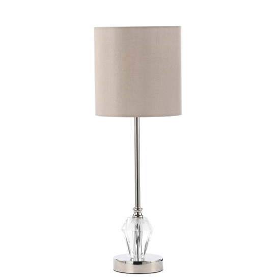 Product photograph of Guelph Light Taupe Faux Silk Shade Table Lamp With Crystal Base from Furniture in Fashion