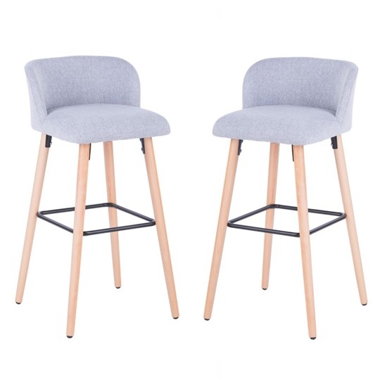 Photo of Gunning fabric bar stool in grey with wooden legs in a pair